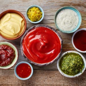 bowls of various dip sauces, top view
